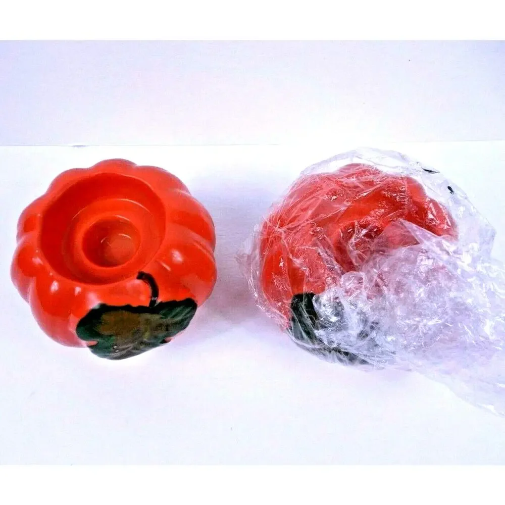 Vintage Hermitage Pottery Ceramic Fall Halloween Pumpkin Candle Holders New Box